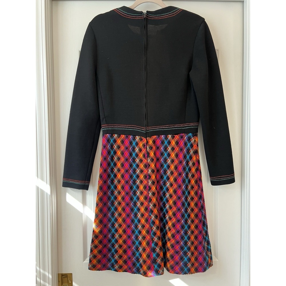 Vintage Lace Up Bright Knit Black Embroidered Dress 60's Mod Retro Small Medium - Picture 6 of 8